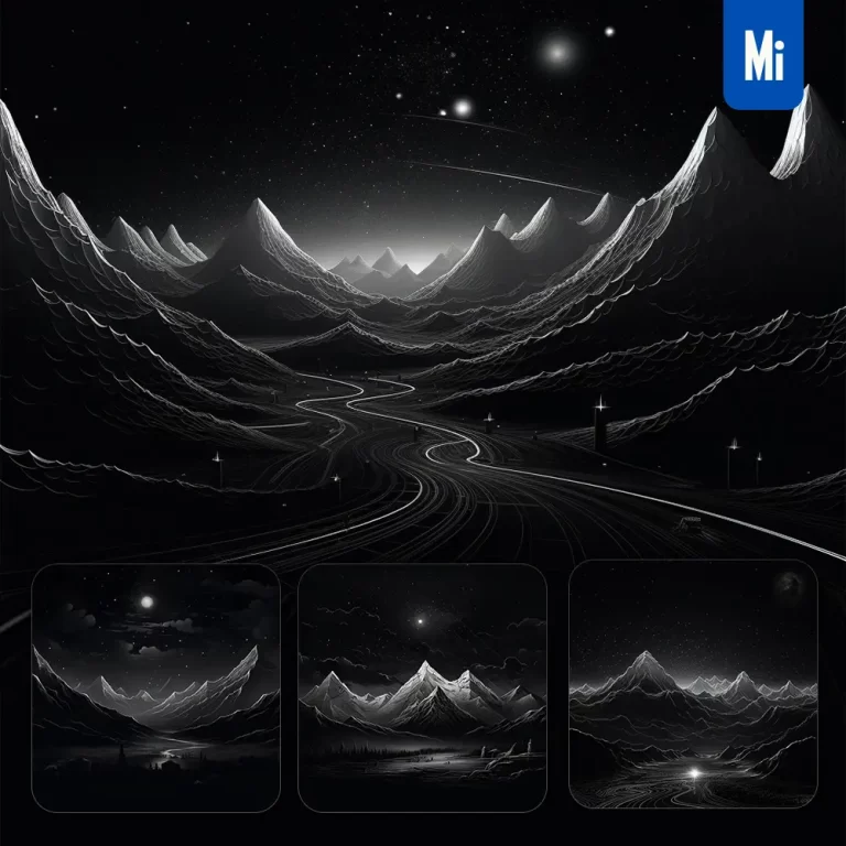 midjourney prompt black night mountain tree river drawing illustration