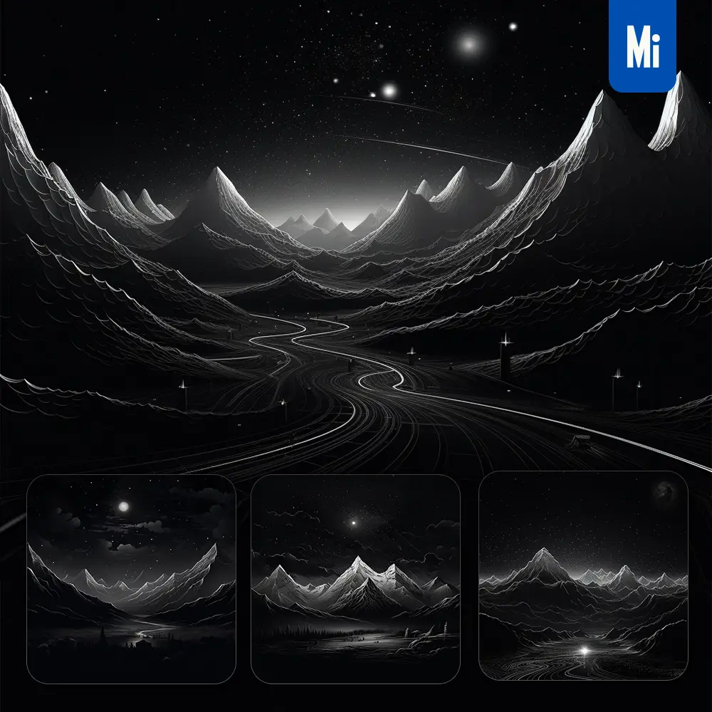 Midjourney Prompt Black Night Mountain Tree River Drawing Illustration