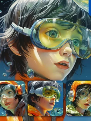 Midjourney Prompt Boy Swim Swimming Glasses Sea Water Goggles Portrait Painting