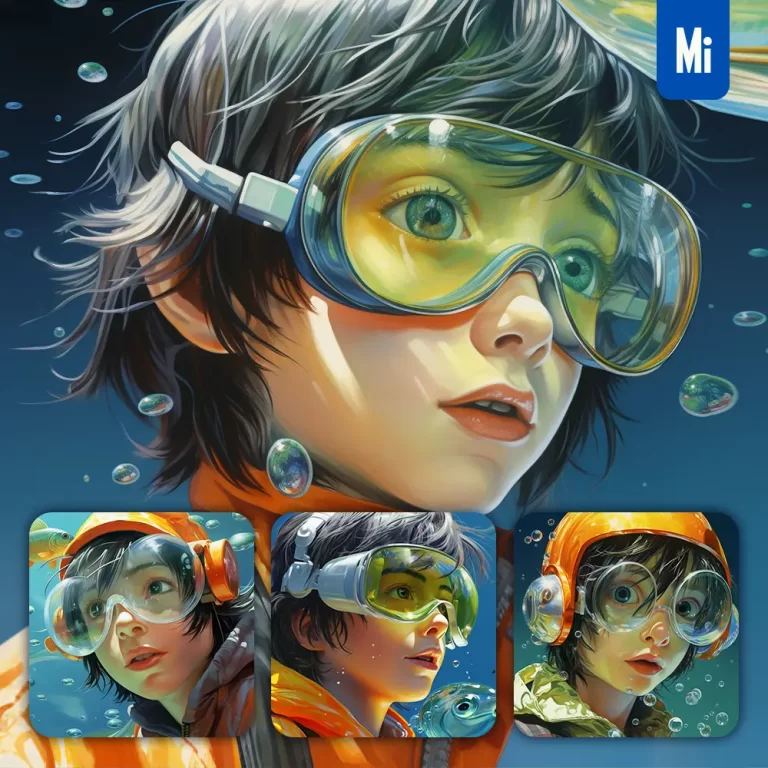 midjourney prompt boy swim swimming glasses sea water goggles portrait painting