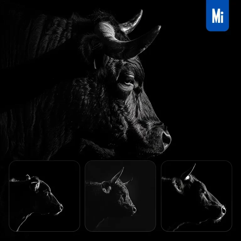 midjourney prompt bull black white light face head mysterious silhouette photography