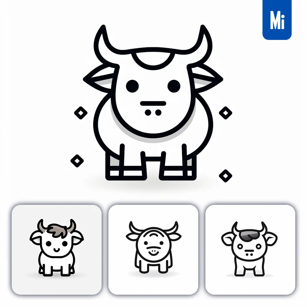 Midjourney Prompt Bull Cow Thick Line Cartoon Vector Logo Icon