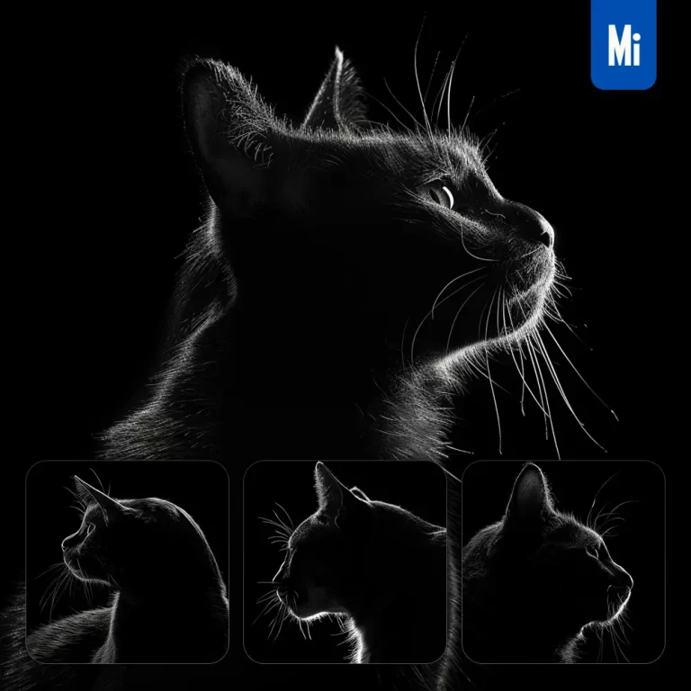 midjourney prompt cat black white light face head mysterious silhouette photography