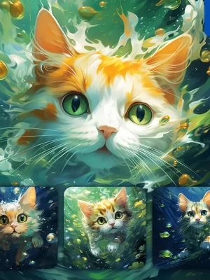 Midjourney Prompt Cat Swim Sea Swimming Water Underwater Oil Painting