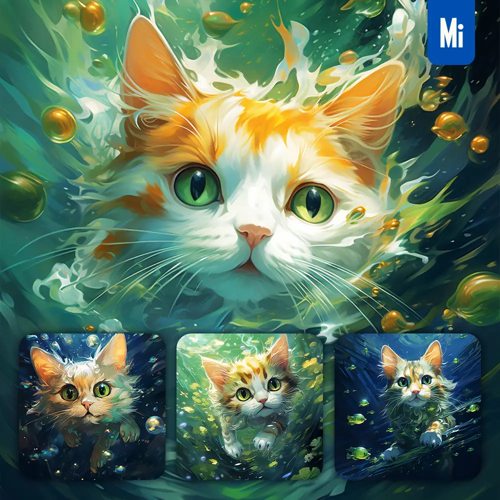 Midjourney Prompt Cat Swim Sea Swimming Water Underwater Oil Painting