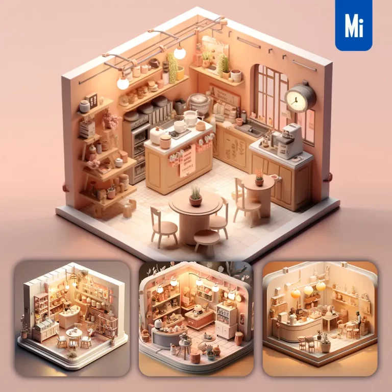 midjourney prompt coffee shop cafe 3D C4D model space scene