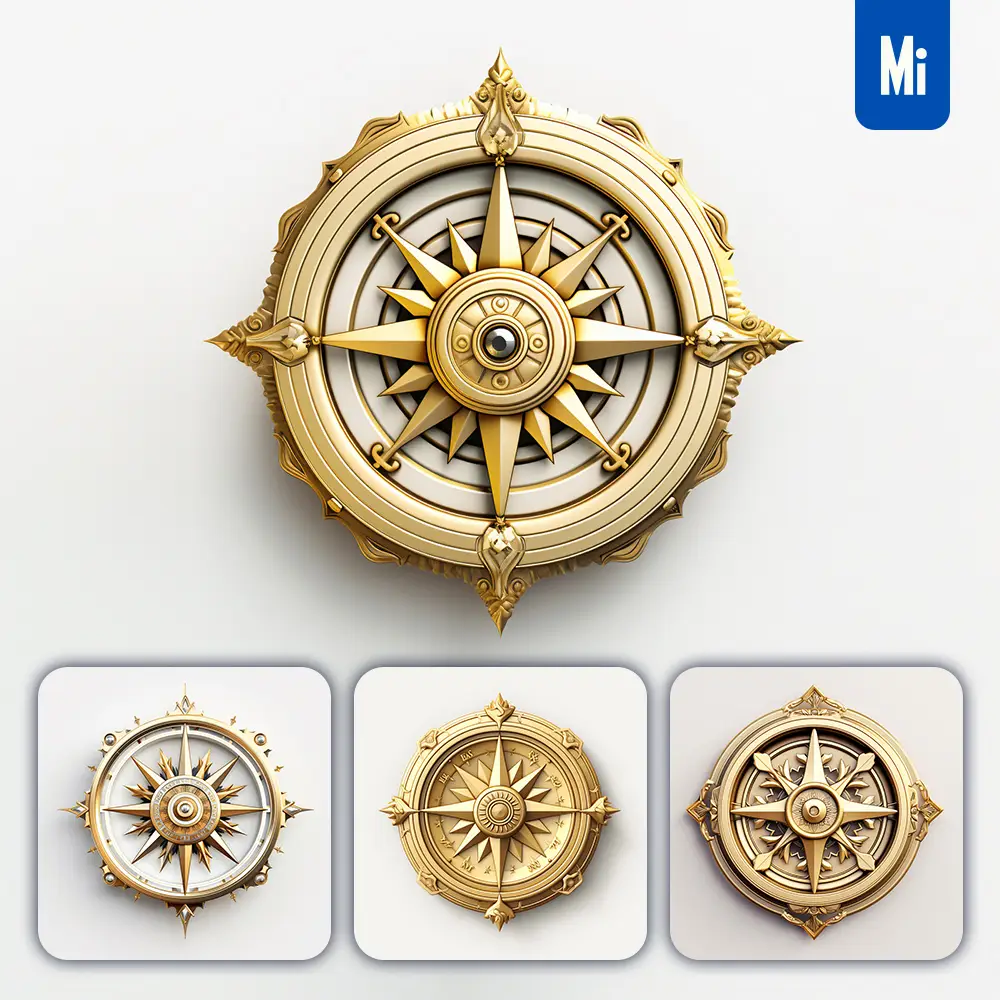 midjourney prompt compass 3D material golden art gold game UI icon