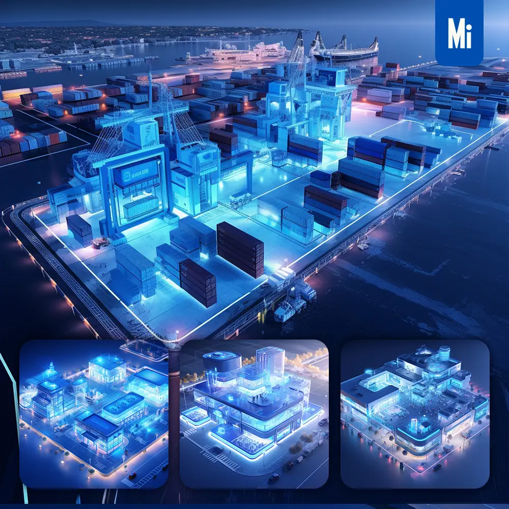 midjourney prompt container port scene blue technology 3D model