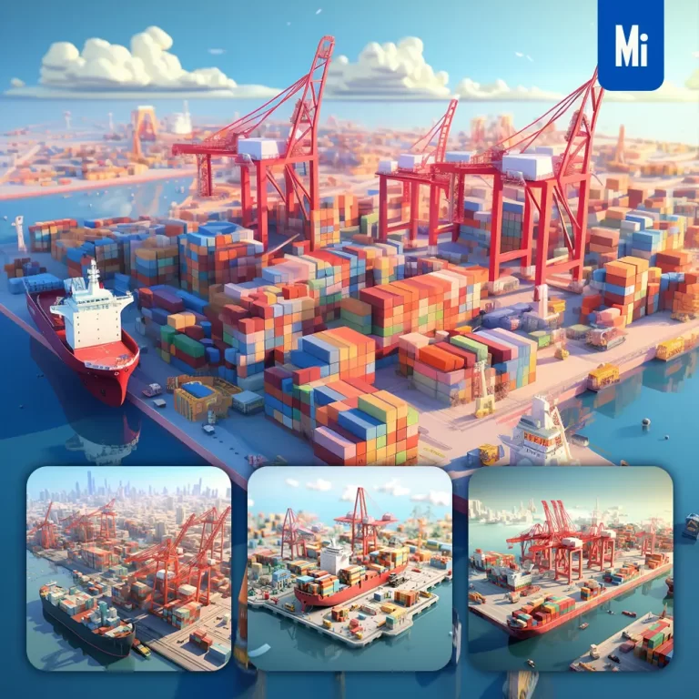 midjourney prompt container wharf port scene 3D sea transportation harbour handling