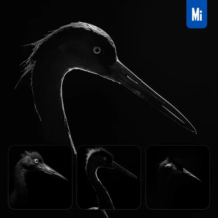 midjourney prompt crane black white light face head mysterious silhouette photography