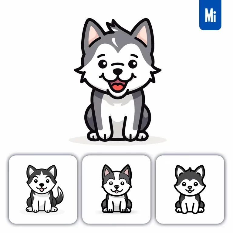 midjourney prompt dog Siberian Husky thick line cartoon drawing vector logo