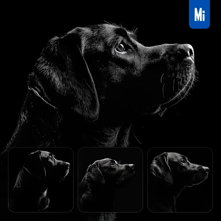 midjourney prompt dog labrador black white light face head mysterious silhouette photography