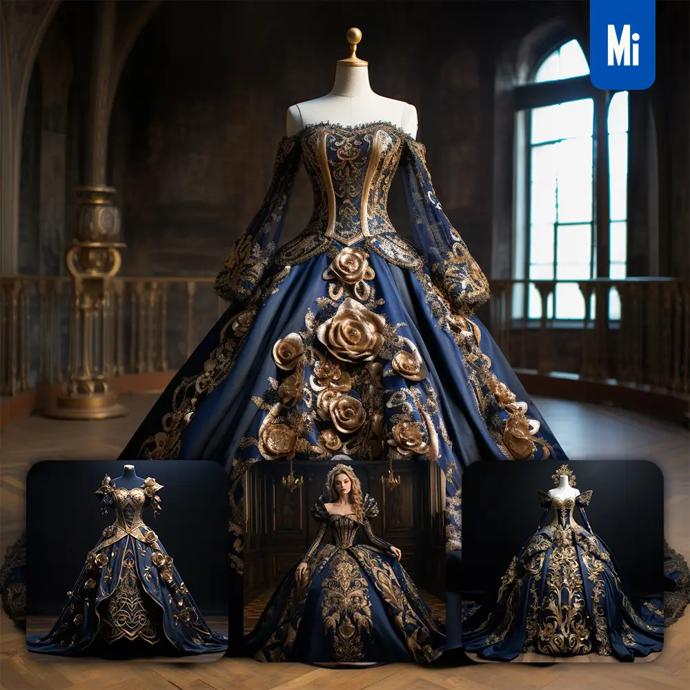 Midjourney Prompt Dress Wedding Regal Noble Costume Designing Blue Gold
