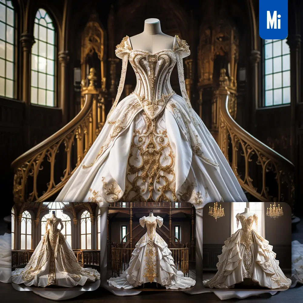 Midjourney Prompt Dress Wedding Regal Noble Costume Designing White Gold
