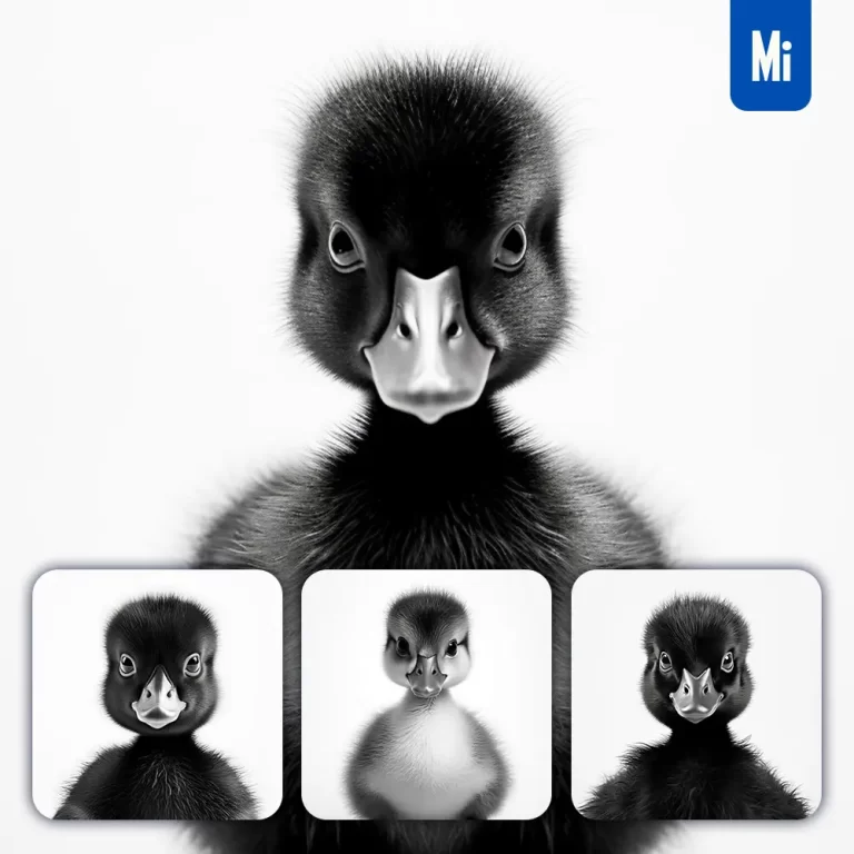 midjourney prompt duck little baby black white photography face head silhouette front