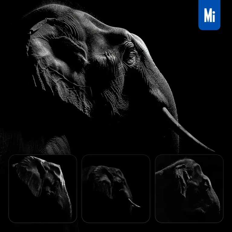 midjourney prompt elephant black white light face head mysterious silhouette photography