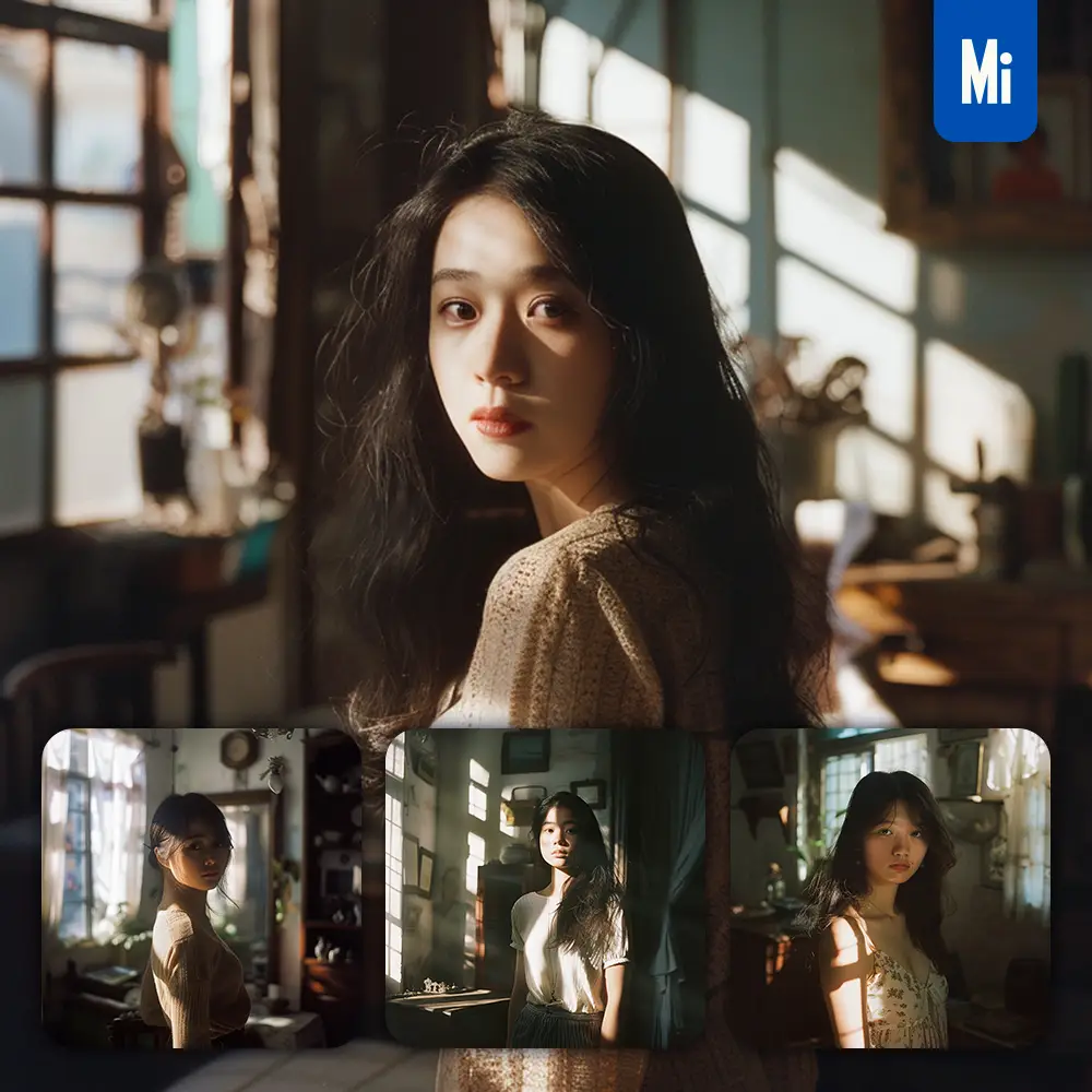 midjourney prompt girl Asian light sunshine room photography