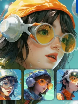 Midjourney Prompt Girl Swim Swimming Glasses Sea Water Goggles Portrait Painting Woman