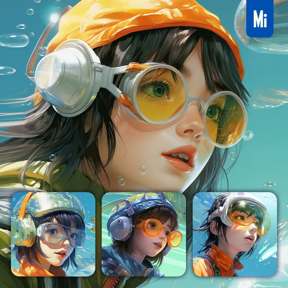 Midjourney Prompt Girl Swim Swimming Glasses Sea Water Goggles Portrait Painting Woman
