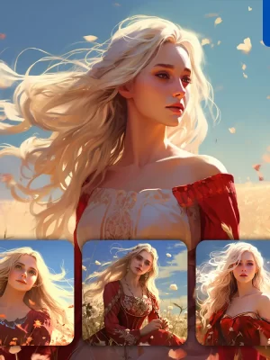 Midjourney Prompt Girl Woman Lady Princess Beautiful Long Hair Dress Red Beautiful Face Drawing Painting Sunshine