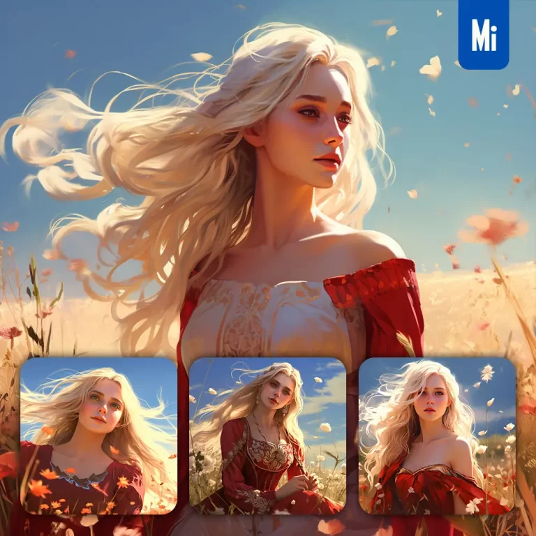 midjourney prompt girl woman lady princess beautiful long hair dress red face drawing painting sunshine