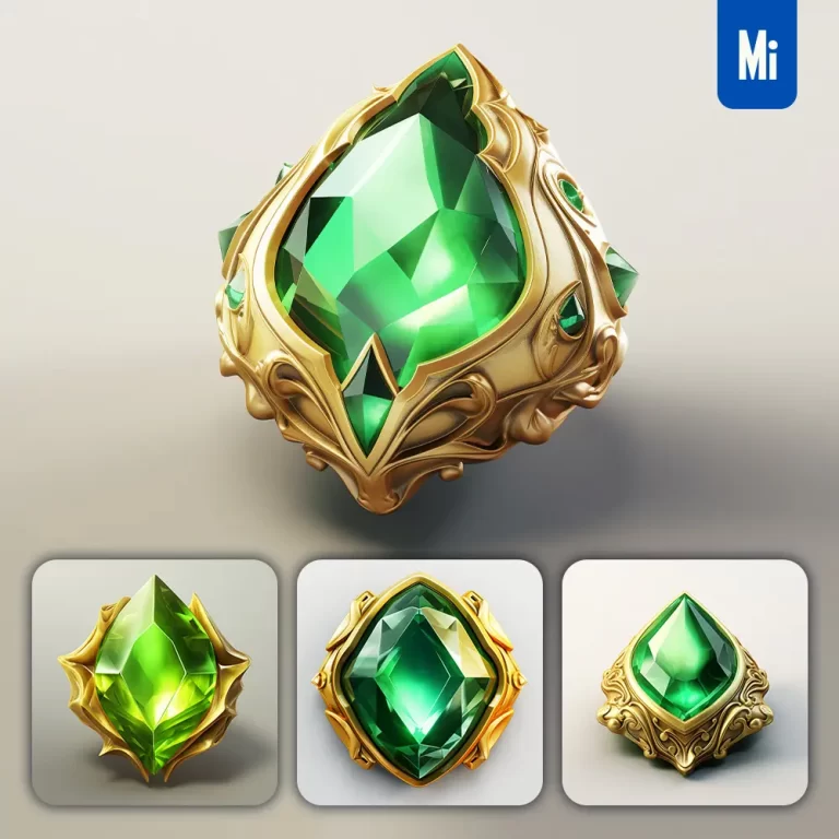 midjourney prompt green gemstone sorcerer stone precious icon 3D material game UI golden art gold
