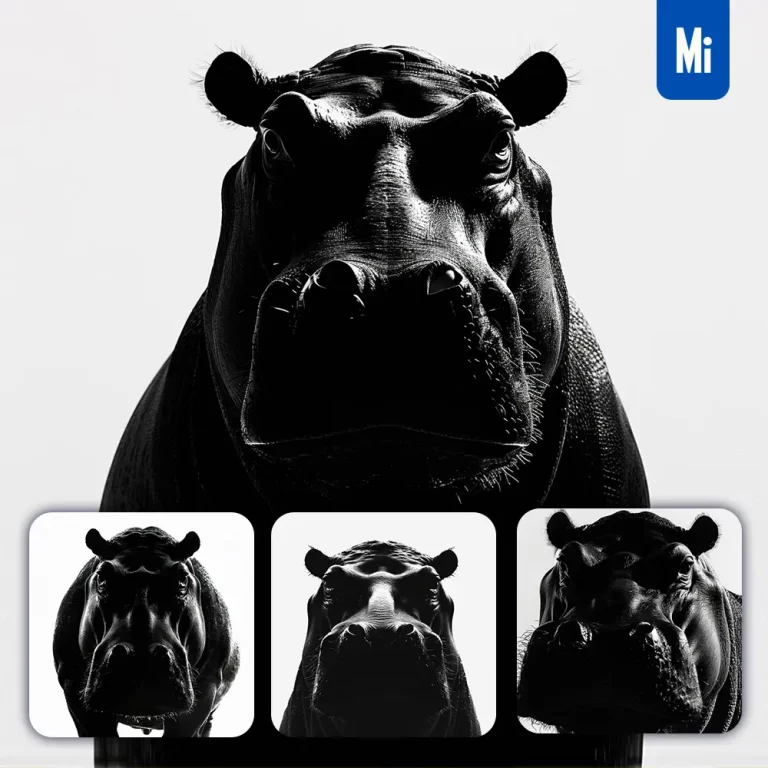 midjourney prompt hippo front black white light face head mysterious silhouette photography