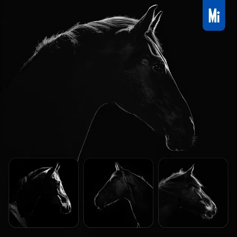 midjourney prompt horse black white light face head mysterious silhouette photography