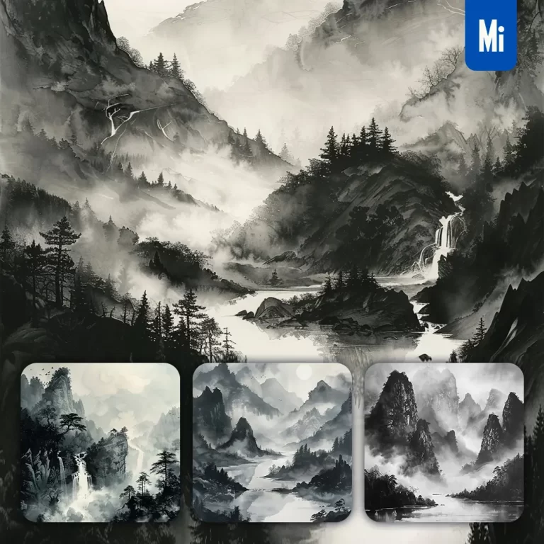 midjourney prompt ink wash mountain river Chinese landscape black and white painting
