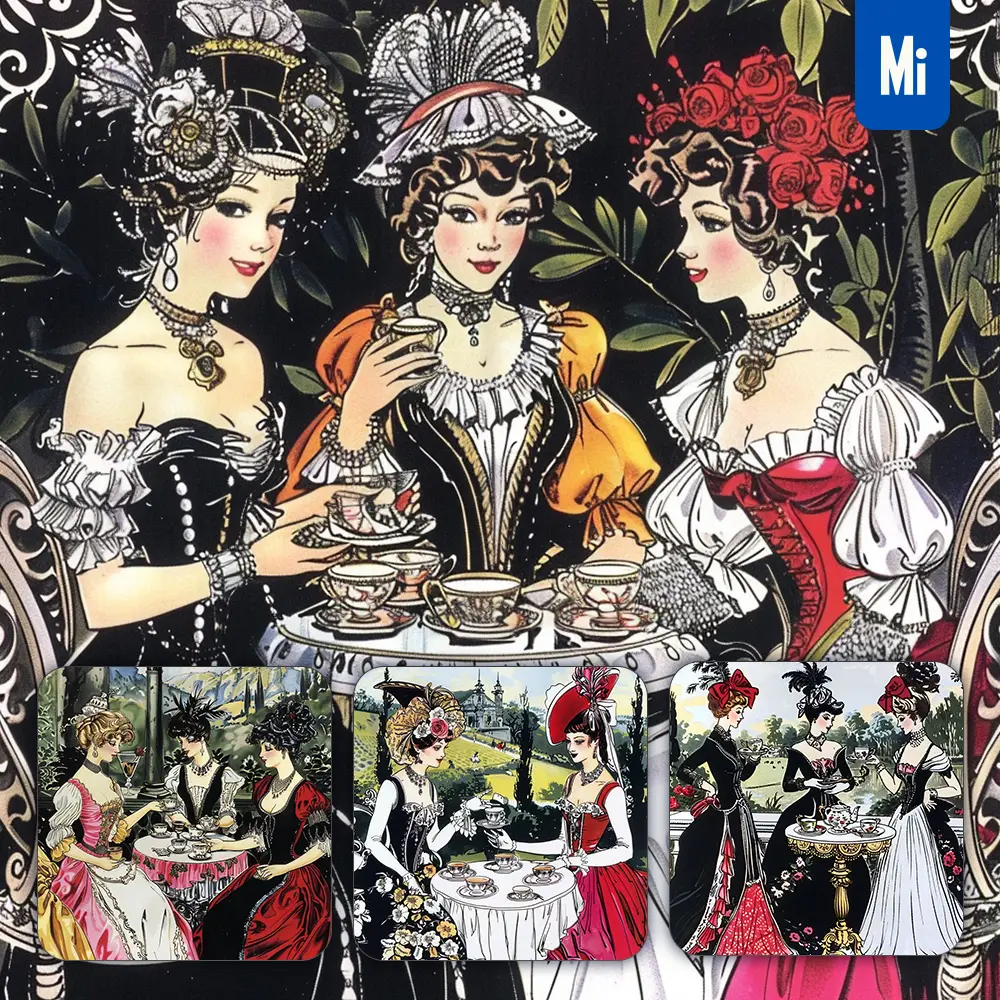 Midjourney Prompt Lady Noble Ladies Retro Leisure Villa Afternoon Tea Illustration