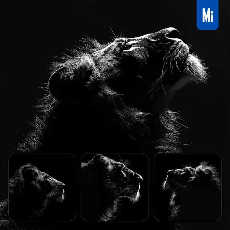 midjourney prompt lion black white light face head mysterious silhouette photography