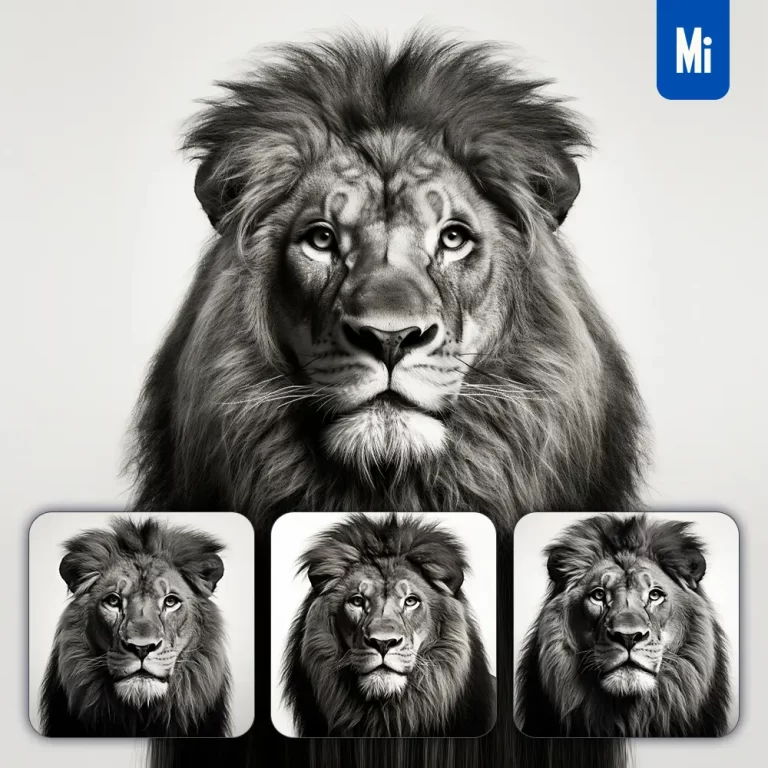 midjourney prompt lion black white photography face head silhouette front