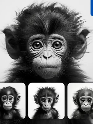 Midjourney Prompt Little Monkey Ape Baby Black White Photography Face Head Silhouette Front