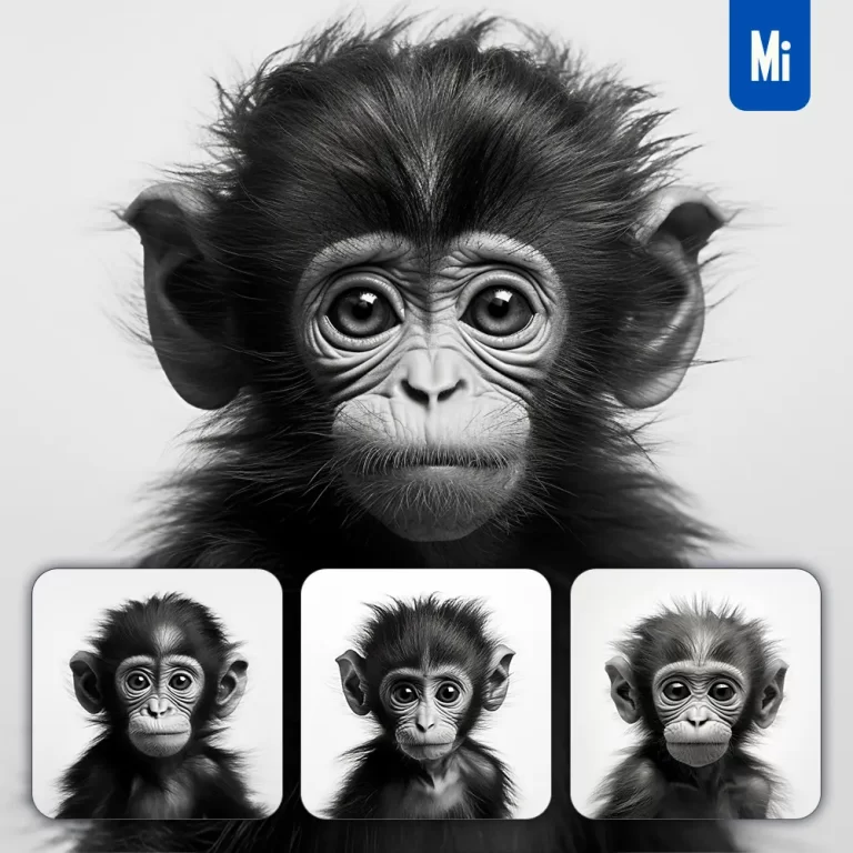 midjourney prompt little monkey ape baby black white photography face head silhouette front