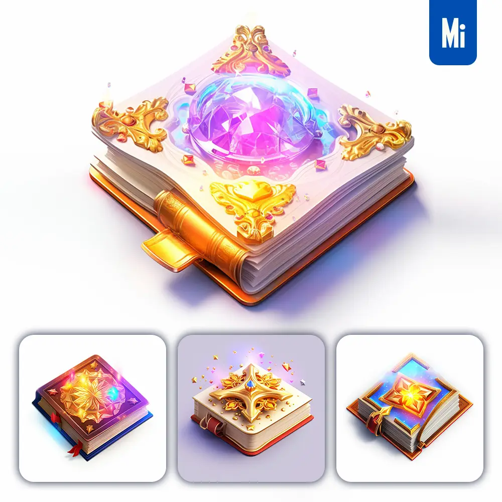 midjourney prompt magic book icon 3D material game UI golden art gold