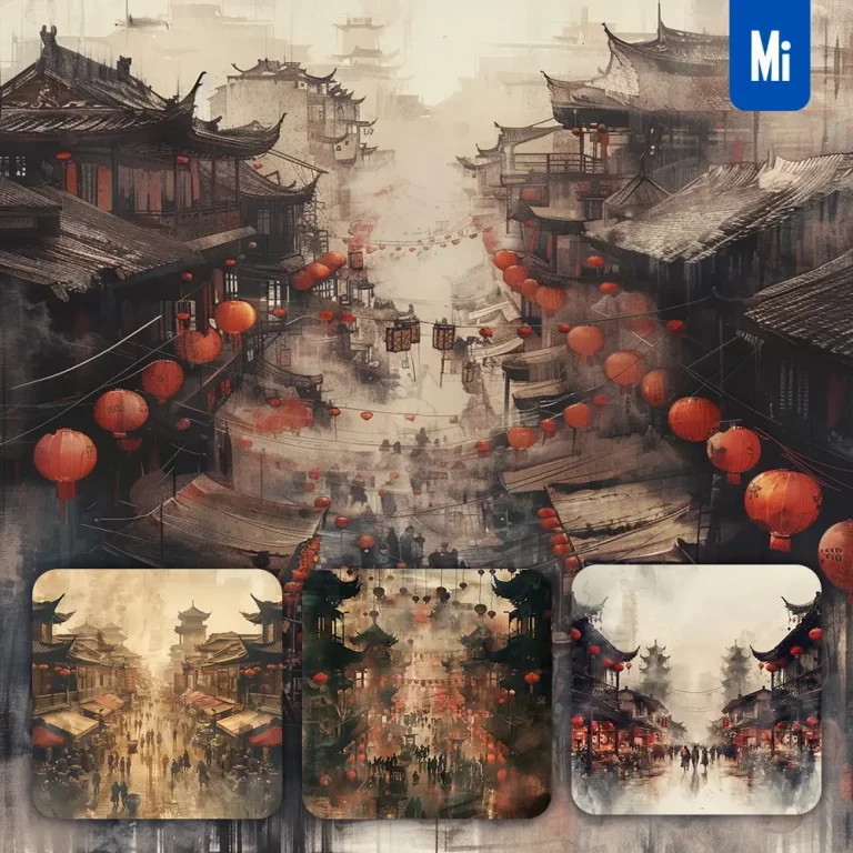 midjourney prompt market ancient Chinese commercial street stall ink wash painting