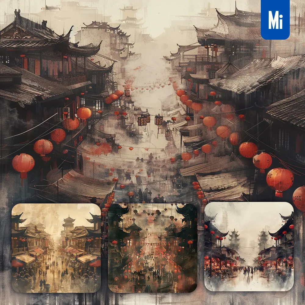 Midjourney Prompt Market Ancient Chinese Commercial Street Stall Ink Wash Painting
