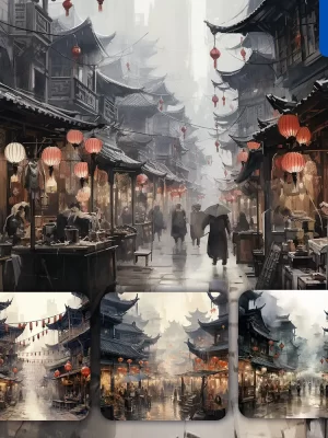 Midjourney Prompt Market Street Stall Ancient Chinese Ink Wash Painting