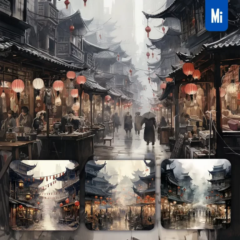 midjourney prompt market street stall ancient Chinese ink wash painting