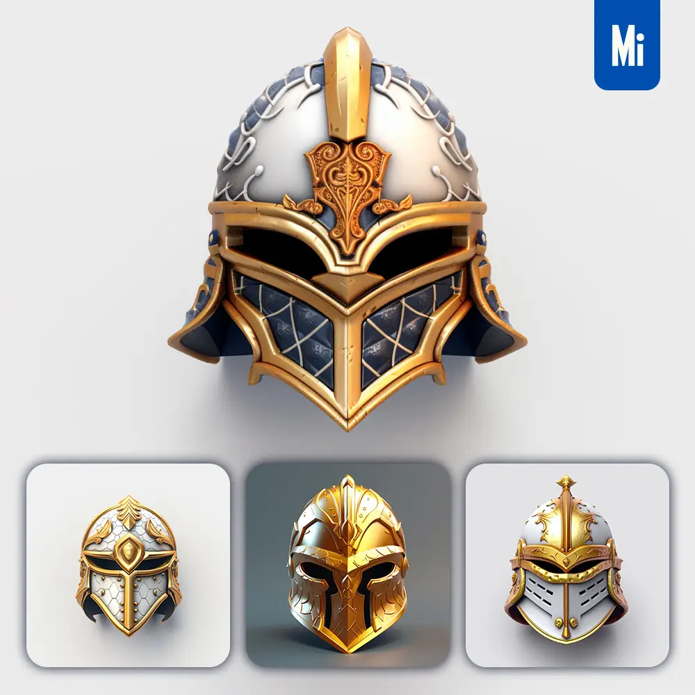 midjourney prompt mask helmet icon 3D material game UI golden art gold