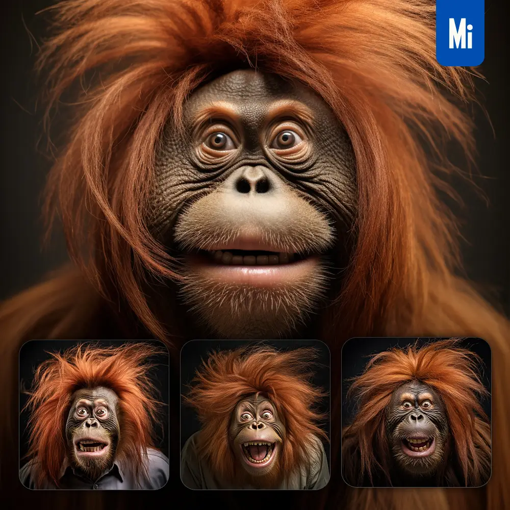 Midjourney Prompt Monkey Orangutan Ape Crazy Fur Photography Portrait Hair Mania Mane