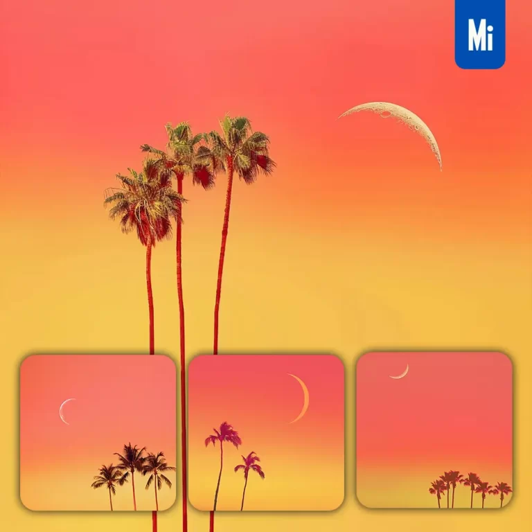 midjourney prompt moon palm tree orange yellow sky illustration