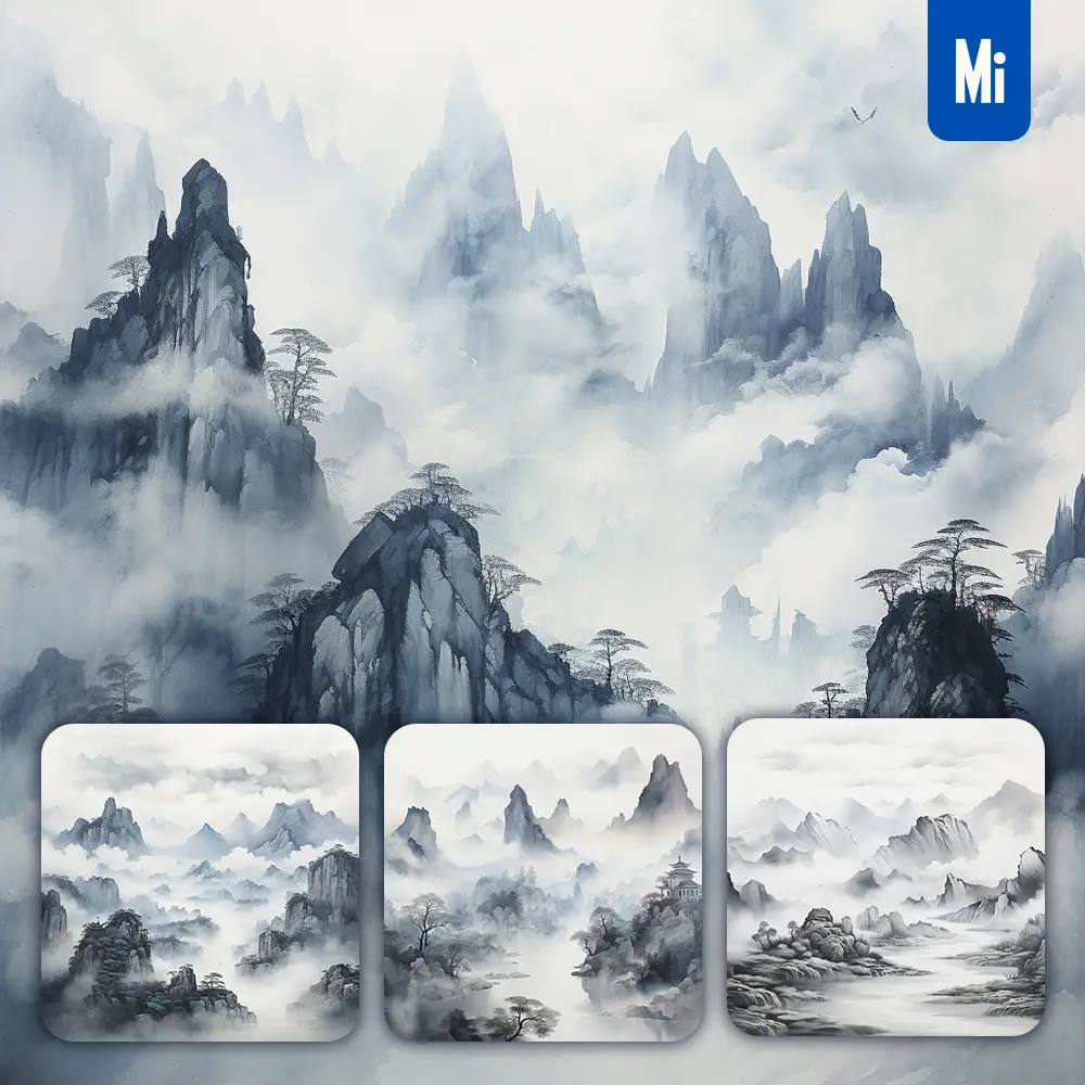 midjourney prompt mountain river Chinese landscape black and white ink wash painting