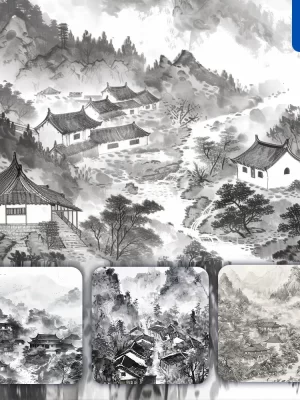 Midjourney Prompt Mountain Village Ancient Chinese Black And White Ink Wash Painting