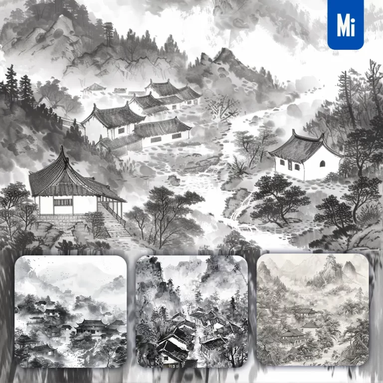 midjourney prompt mountain village ancient Chinese black and white ink wash painting
