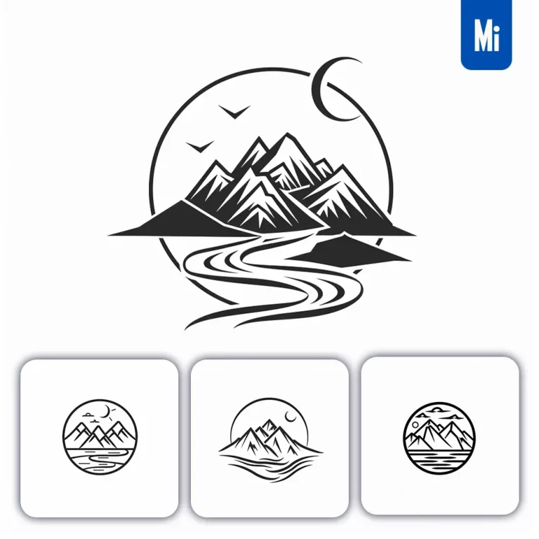 midjourney prompt mountain river black and white line logo design