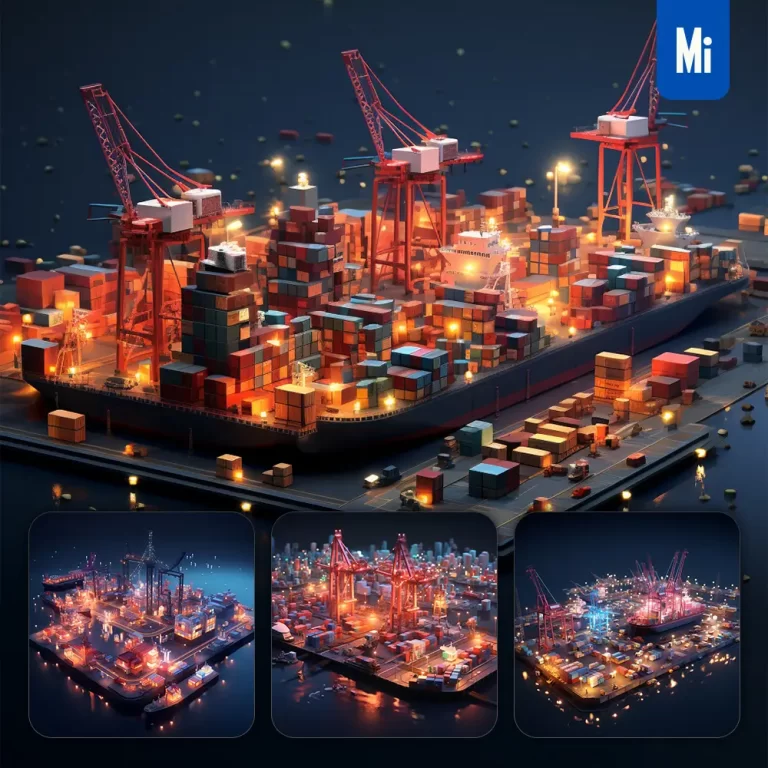 midjourney prompt night container wharf port scene 3D sea transportation harbour handling