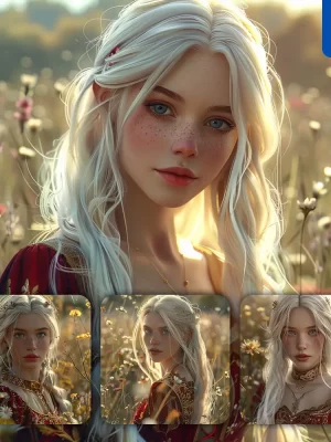 Midjourney Prompt Nymph Woman Female Girl Lady Princess Beautiful Long Hair Dress Red Face Drawing Painting Sunshine