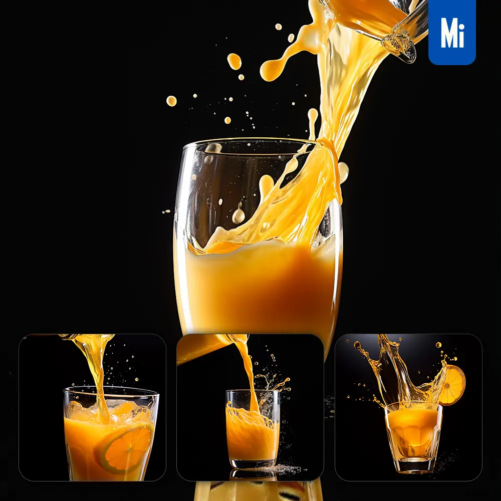 Midjourney Prompt Orange Juice Cup Liquid Pouring Pour Glass Black Photography