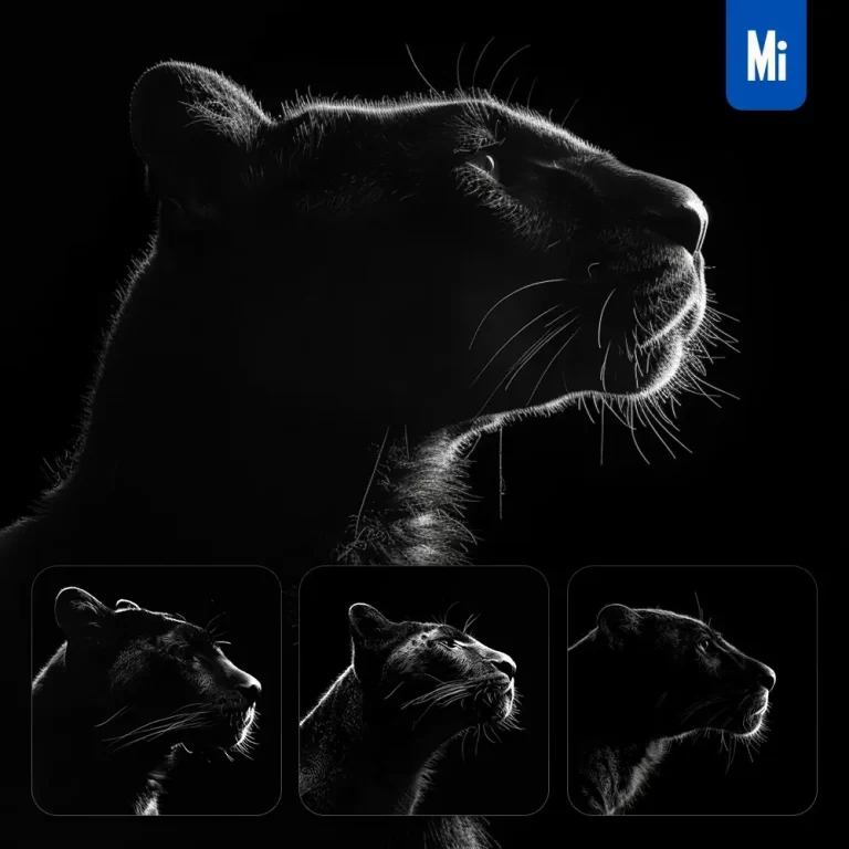 midjourney prompt panther black white light face head mysterious silhouette photography